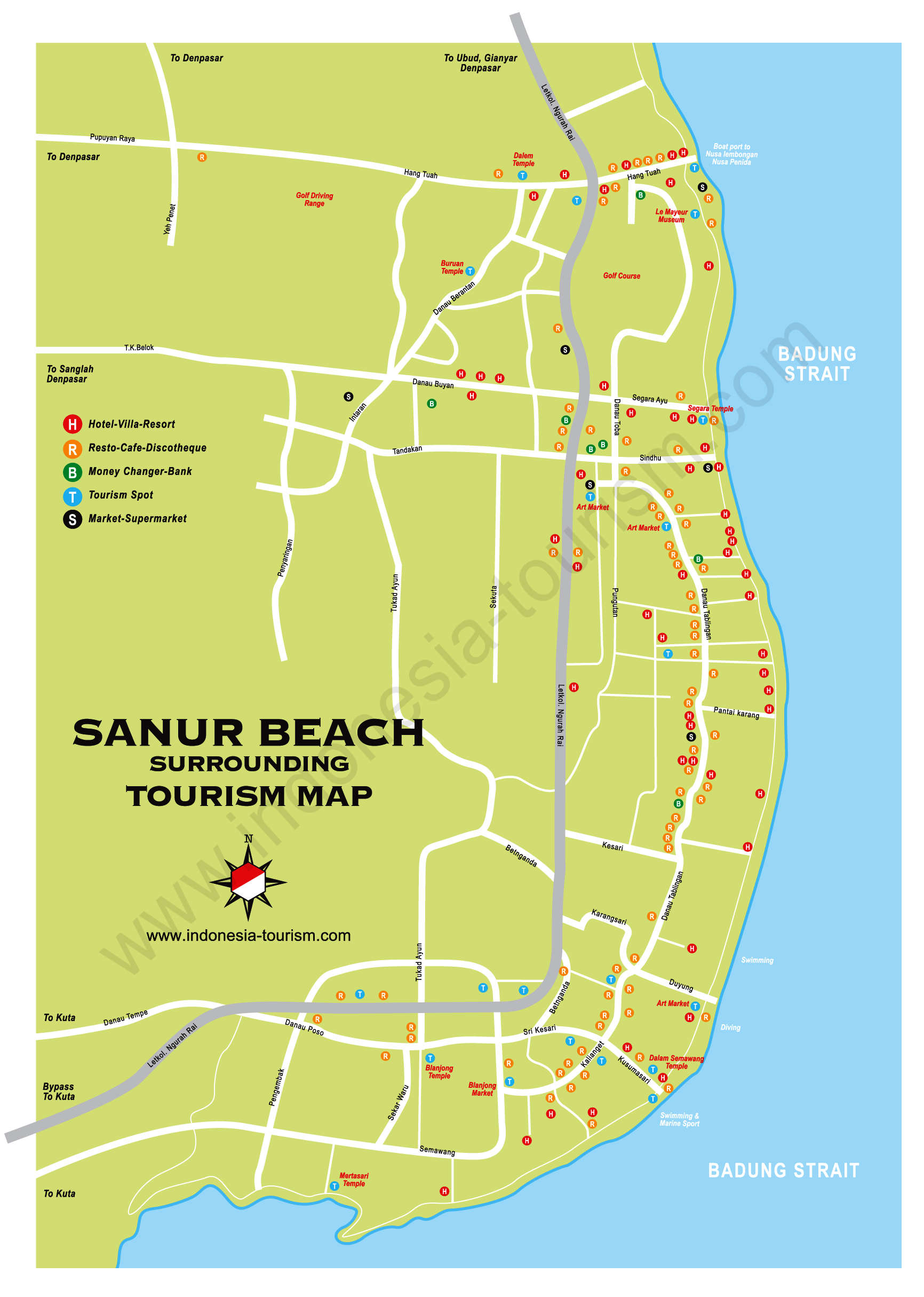 Sanur Bali Map - Bali Island , Indonesia Tourism Maps